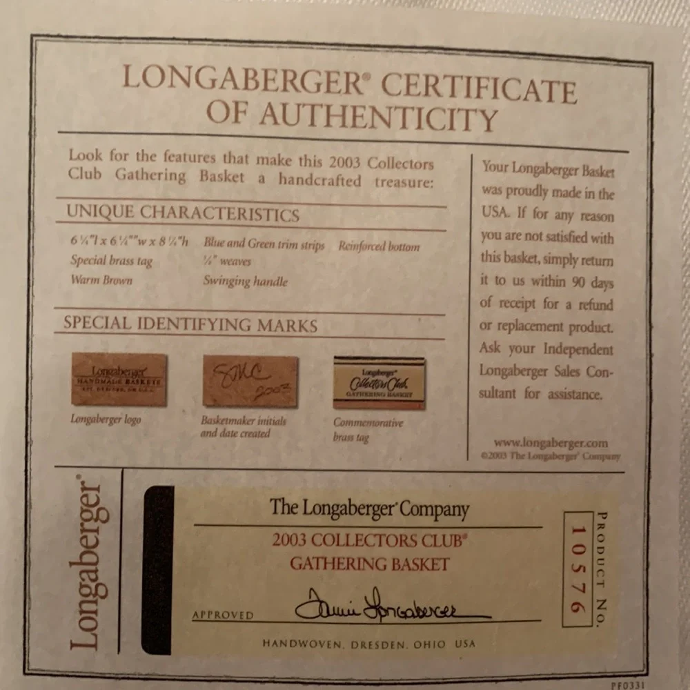 Longaberger 2003 Collector’s Club Gathering Basket Set
